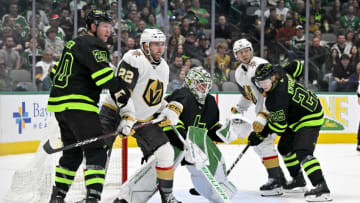 Apr 8, 2023; Dallas, Texas, USA; Dallas Stars defenseman Ryan Suter (20) and goaltender Jake Oettinger (29) and left wing Joel Kiviranta (25) and Vegas Golden Knights right wing Michael Amadio (22) and center William Karlsson (71) in action during the game between the Dallas Stars and the Vegas Golden Knights at American Airlines Center. Mandatory Credit: Jerome Miron-USA TODAY Sports