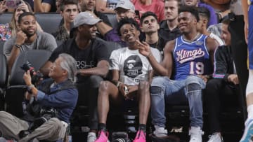 SACRAMENTO, CA - JULY 1: Harrison Barnes #40, De'Aaron Fox #5, Buddy Hield #24 of the Sacramento Kings attend the game against the Golden State Warriors on July 1, 2019 at the Golden 1 Center, in Phoenix, Arizona. NOTE TO USER: User expressly acknowledges and agrees that, by downloading and or using this photograph, User is consenting to the terms and conditions of the Getty Images License Agreement. Mandatory Copyright Notice: Copyright 2019 NBAE (Photo by Rocky Widner/NBAE via Getty Images)