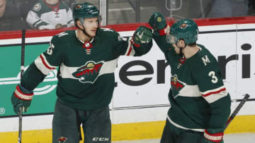 ST. PAUL, MN - OCTOBER 25: After scoring a 2nd period goal Jonas Brodin #25 of the Minnesota Wild is congratulated by Charlie Coyle #3 of the Minnesota Wild during a game between the Minnesota Wild and Los Angeles Kings at Xcel Energy Center on October 25, 2018 in St. Paul, Minnesota.(Photo by Bruce Kluckhohn/NHLI via Getty Images)