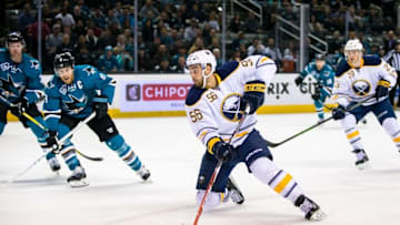 Feb 26, 2016; San Jose, CA, USA; Buffalo Sabres right wing Justin Bailey (56) shoots the puck against the San Jose Sharks in the first period at SAP Center at San Jose. Mandatory Credit: John Hefti-USA TODAY Sports