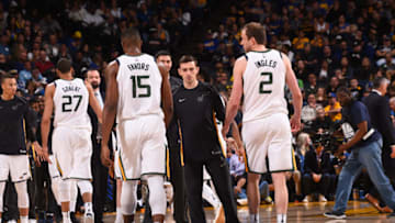 OAKLAND, CA - MARCH 25: David Stockton #5 of the Utah Jazz high fives teammates during the game against the Golden State Warriors on March 25, 2018 at ORACLE Arena in Oakland, California. NOTE TO USER: User expressly acknowledges and agrees that, by downloading and or using this photograph, user is consenting to the terms and conditions of Getty Images License Agreement. Mandatory Copyright Notice: Copyright 2018 NBAE (Photo by Noah Graham/NBAE via Getty Images)