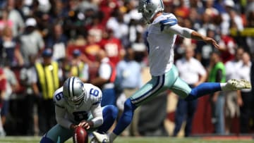 LANDOVER, MD - SEPTEMBER 18: Kicker Dan Bailey #5 of the Dallas Cowboys kicks a first quarter field goal against the Washington Redskins at FedExField on September 18, 2016 in Landover, Maryland. (Photo by Patrick Smith/Getty Images)