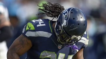 Jan 17, 2016; Charlotte, NC, USA; Seattle Seahawks running back Marshawn Lynch (24) reacts during the second quarter against the Carolina Panthers in a NFC Divisional round playoff game at Bank of America Stadium. Mandatory Credit: John David Mercer-USA TODAY Sports