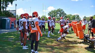 BEREA, OHIO - AUGUST 18: The Cleveland Browns defensive line works out during an NFL training camp at the Browns training facility on August 18, 2020 in Berea, Ohio. (Photo by Jason Miller/Getty Images)
