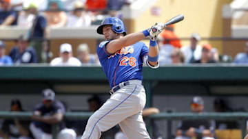 Mar 14, 2016; Lakeland, FL, USA; New York Mets catcher Kevin Plawecki (26) bats during the fourth inning of a spring training baseball game against the Detroit Tigers at Joker Marchant Stadium. Mandatory Credit: Reinhold Matay-USA TODAY Sports