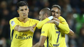 METZ, FRANCE - SEPTEMBER 8: Lucas Moura of PSG celebrates his goal with Yuri Berchiche, Neymar Jr during the French Ligue 1 match between FC Metz and Paris Saint Germain (PSG) at Stade Saint-Symphorien on September 9, 2017 in Metz, France. (Photo by Jean Catuffe/Getty Images)