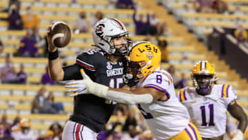 LSU Tigers linebacker BJ Ojulari (8) sacks South Carolina Gamecocks quarterback Collin Hill (15). Mandatory Credit: Derick E. Hingle-USA TODAY Sports