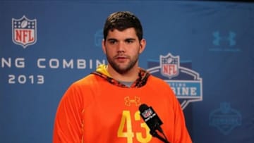 Feb 21, 2013; Indianapolis, IN, USA; Syracuse offensive lineman Justin Pugh speaks at a press conference during the 2013 NFL Combine at Lucas Oil Stadium. Mandatory Credit: Brian Spurlock-USA TODAY Sports