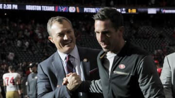 HOUSTON, TX - DECEMBER 10: Head coach Kyle Shanahan of the San Francisco 49ers celebrates with general manager John Lynch after the game against the Houston Texans at NRG Stadium on December 10, 2017 in Houston, Texas. (Photo by Tim Warner/Getty Images)