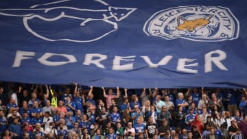 Leicester fans raise a banner before the English Premier League football match between Leicester City and Swansea City at King Power Stadium in Leicester, central England on August 27, 2016. / AFP / OLI SCARFF / RESTRICTED TO EDITORIAL USE. No use with unauthorized audio, video, data, fixture lists, club/league logos or 'live' services. Online in-match use limited to 75 images, no video emulation. No use in betting, games or single club/league/player publications. / (Photo credit should read OLI SCARFF/AFP/Getty Images)