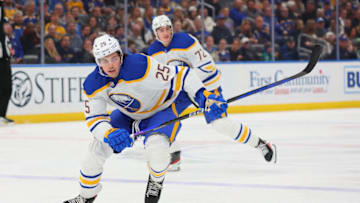 ST LOUIS, MO - JANUARY 24: Owen Power #25 of the Buffalo Sabres skates against the St. Louis Blues at Enterprise Center on January 24, 2023 in St Louis, Missouri. (Photo by Dilip Vishwanat/Getty Images)