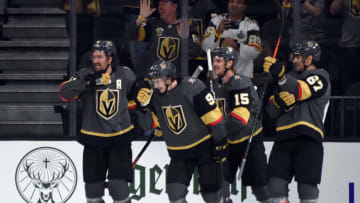 LAS VEGAS, NEVADA - OCTOBER 02: Cody Glass #9 of the Vegas Golden Knights celebrates after scoring a goal during the second period against the San Jose Sharks at T-Mobile Arena on October 02, 2019 in Las Vegas, Nevada. (Photo by David Becker/NHLI via Getty Images)