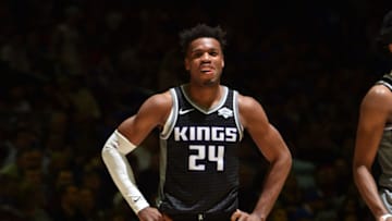 PHILADELPHIA, PA - MARCH 15: Buddy Hield #24 of the Sacramento Kings smiles during a game against the Philadelphia 76ers on March 15, 2019 at the Wells Fargo Center in Philadelphia, Pennsylvania NOTE TO USER: User expressly acknowledges and agrees that, by downloading and/or using this Photograph, user is consenting to the terms and conditions of the Getty Images License Agreement. Mandatory Copyright Notice: Copyright 2019 NBAE (Photo by Jesse D. Garrabrant/NBAE via Getty Images)