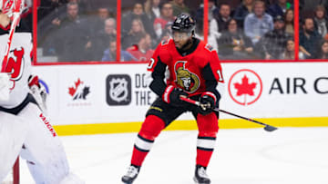 OTTAWA, ON - DECEMBER 29: Ottawa Senators Right Wing Anthony Duclair (10) applies pressure on the forecheck during second period National Hockey League action between the New Jersey Devils and Ottawa Senators on December 29, 2019, at Canadian Tire Centre in Ottawa, ON, Canada. (Photo by Richard A. Whittaker/Icon Sportswire via Getty Images)