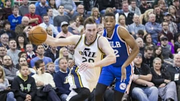 Dec 28, 2015; Salt Lake City, UT, USA; Utah Jazz forward Gordon Hayward (20) drives with the ball defended by Philadelphia 76ers forward Richaun Holmes (22) in the second half at Vivint Smart Home Arena. The Jazz won 95-91. Mandatory Credit: Rob Gray-USA TODAY Sports