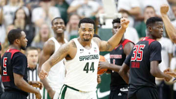 EAST LANSING, MI - JANUARY 10: Nick Ward #44 of the Michigan State Spartans reacts to a call during a game against the Rutgers Scarlet Knights at Breslin Center on January 10, 2018 in East Lansing, Michigan. (Photo by Rey Del Rio/Getty Images)