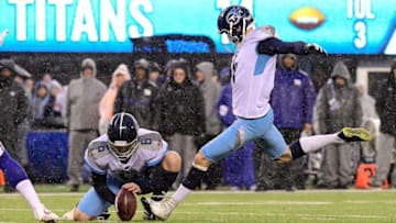EAST RUTHERFORD, NJ - DECEMBER 16: Ryan Succop #4 of the Tennessee Titans attempts a field goal as teammate Brett Kern #6 holds the ball against the New York Giants at MetLife Stadium on December 16, 2018 in East Rutherford, New Jersey. (Photo by Steven Ryan/Getty Images)