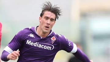 FLORENCE, ITALY - MAY 16: Dusan Vlahovic of ACF Fiorentina reacts during the Serie A match between ACF Fiorentina and SSC Napoli at Stadio Artemio Franchi on May 16, 2021 in Florence, Italy. (Photo by Gabriele Maltinti/Getty Images)