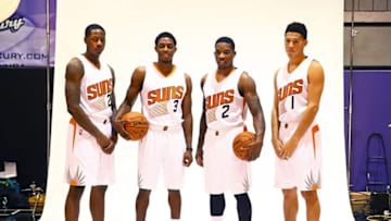 Sep 28, 2015; Phoenix, AZ, USA; Phoenix Suns players (from left) Archie Goodwin , Brandon Knight , Eric Bledsoe and Devin Booker pose for a portrait during media day at Talking Stick Resort Arena. All four players previous played basketball for the Kentucky Wildcats. Mandatory Credit: Mark J. Rebilas-USA TODAY Sports