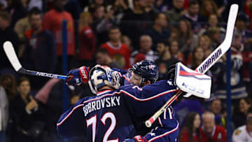 Oct 21, 2016; Columbus, OH, USA; Columbus Blue Jackets goalie Sergei Bobrovsky (72) reacts with Columbus Blue Jackets left wing Nick Foligno (71) after defeating the Chicago Blackhawks at Nationwide Arena. The Blue Jackets won 3-2. Mandatory Credit: Aaron Doster-USA TODAY Sports