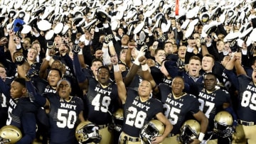 Oct 8, 2016; Annapolis, MD, USA; Navy Midshipmen celebrate on the field after defeating the Houston Cougars 46-40 at Navy Marine Corps Memorial Stadium. Mandatory Credit: Tommy Gilligan-USA TODAY Sports