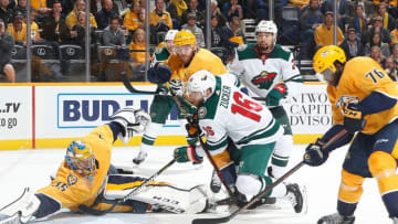 NASHVILLE, TN - OCTOBER 15: Pekka Rinne #35, Mattias Ekholm #14 and P.K. Subban #76 of the Nashville Predators defend against Jason Zucker #16 of the Minnesota Wild during an NHL game at Bridgestone Arena on October 15, 2018 in Nashville, Tennessee. (Photo by John Russell/NHLI via Getty Images)