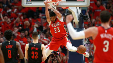 NEW ORLEANS, LA - APRIL 19: Anthony Davis #23 of the New Orleans Pelicans dunks the ball against the Portland Trail Blazers during Game 3 of the Western Conference playoffs against the Portland Trail Blazers at the Smoothie King Center on April 19, 2018 in New Orleans, Louisiana. NOTE TO USER: User expressly acknowledges and agrees that, by downloading and or using this photograph, User is consenting to the terms and conditions of the Getty Images License Agreement. (Photo by Sean Gardner/Getty Images)