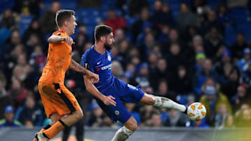 LONDON, ENGLAND - NOVEMBER 29: Olivier Giroud of Chelsea scores his team's second goal during the UEFA Europa League Group L match between Chelsea and PAOK at Stamford Bridge on November 29, 2018 in London, United Kingdom. (Photo by Michael Regan/Getty Images)