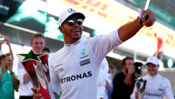 MONZA, ITALY - SEPTEMBER 03: Race winner Lewis Hamilton of Great Britain and Mercedes GP celebrates during the Formula One Grand Prix of Italy at Autodromo di Monza on September 3, 2017 in Monza, Italy. (Photo by Dan Istitene/Getty Images)
