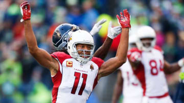 Arizona Cardinals: SEATTLE, WA - DECEMBER 31: Cornerback Justin Coleman #28 of the Seattle Seahawks (behind) gets called on pass interference against wide receiver Larry Fitzgerald #11 of the Arizona Cardinals in the first half of the game at CenturyLink Field on December 31, 2017 in Seattle, Washington. (Photo by Otto Greule Jr /Getty Images)