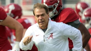 Nov 22, 2014; Tuscaloosa, AL, USA; Alabama Crimson Tide head coach Nick Saban during warmups for the game against Western Carolina Catamounts at Bryant-Denny Stadium. Mandatory Credit: Marvin Gentry-USA TODAY Sports