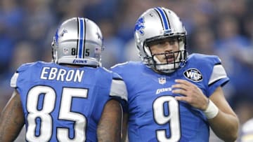 Nov 24, 2016; Detroit, MI, USA; Detroit Lions quarterback Matthew Stafford (9) celebrates with tight end Eric Ebron (85) after running for a first down during the fourth quarter against the Minnesota Vikings at Ford Field. The Lions won 16-13. Mandatory Credit: Raj Mehta-USA TODAY Sports
