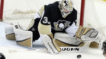 Dec 21, 2015; Pittsburgh, PA, USA; Pittsburgh Penguins goalie Matt Murray (30) makes a save against the Columbus Blue Jackets during the second period at the CONSOL Energy Center. The Penguins won 5-2. Mandatory Credit: Charles LeClaire-USA TODAY Sports