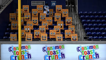 MIAMI, FLORIDA - SEPTEMBER 01: Billy the Marlin performs in the Cinnamon Toast Crunch Emoji fan section during the game between the Miami Marlins and the Toronto Blue Jays at Marlins Park on September 01, 2020 in Miami, Florida. (Photo by Mark Brown/Getty Images)