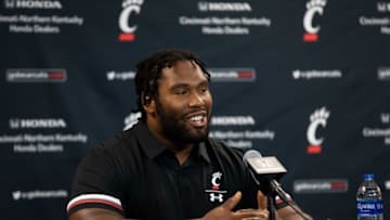 Cincinnati Bearcats defensive lineman Jowon Briggs during a presser at Fifth Third Arena.