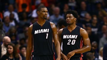 Jan 8, 2016; Phoenix, AZ, USA; Miami Heat forward Justise Winslow (20) and center Chris Bosh (1) against the Phoenix Suns at Talking Stick Resort Arena. The Heat defeated the Suns 103-95. Mandatory Credit: Mark J. Rebilas-USA TODAY Sports