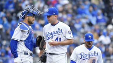 Kansas City Royals starting pitcher Danny Duffy talks with catcher Drew Butera during a visit to the mound in the fifth inning against the Chicago White Sox on Thursday, March 29, 2018, at Kauffman Stadium in Kansas City, Mo. (John Sleezer/Kansas City Star/TNS via Getty Images)