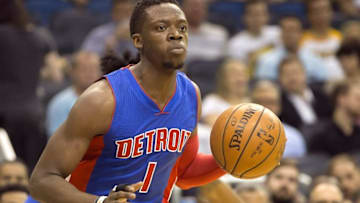 Apr 6, 2016; Orlando, FL, USA; Detroit Pistons guard Reggie Jackson (1) brings the ball down court during the first quarter of a basketball game against the Orlando Magic at Amway Center. Mandatory Credit: Reinhold Matay-USA TODAY Sports