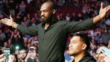 Feb 15, 2020; Rio Rancho, New Mexico, USA; UFC fighter Jon Jones attends the light heavyweight bout between Jan Blachowicz (blue) and Corey Anderson (red) during UFC Fight Night at Santa Ana Star Arena. Mandatory Credit: Kirby Lee-USA TODAY Sports