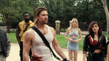 Obliterated. (L to R) Eugene Kim as Paul Yung, Terrence Terrell as Trunk, Nick Zano as Chad McKnight, Alyson Gorske as Lana, Paola Lázaro as Angela Gomez in episode 106 of Obliterated. Cr. Courtesy of Netflix © 2023
