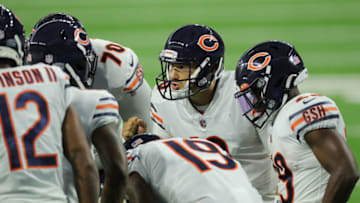 DETROIT, MI - SEPTEMBER 13: Mitchell Trubisky #10 of the Chicago Bears cels the play in the huddle during the second quarter of the game against the Detroit Lions at Ford Field on September 13, 2020 in Detroit, Michigan. Chicago defeated Detroit 27-23. (Photo by Leon Halip/Getty Images)