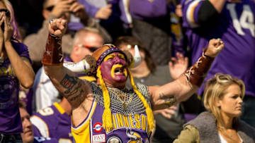 Oct 9, 2016; Minneapolis, MN, USA; Minnesota Vikings fans Syd Davy cheers on his team against the Houston Texans at U.S. Bank Stadium. The Vikings win 31-13. Mandatory Credit: Bruce Kluckhohn-USA TODAY Sports