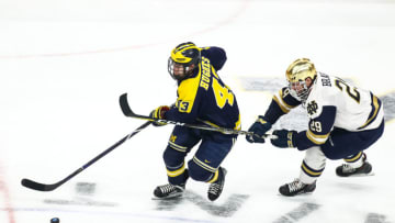 ST. PAUL, MN - APRIL 05: Michigan Wolverines defenseman Quinn Hughes (43), left, in action while Notre Dame Fighting Irish forward Bo Brauer (29) pursues during the Frozen Four semifinal game between the Michigan Wolverines and the Notre Dame Fighting Irish on April 5, 2018 at Xcel Energy Center in St. Paul, Minnesota. Notre Dame defeated Michigan 4-3. (Photo by David Berding/Icon Sportswire via Getty Images)