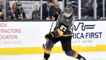 LAS VEGAS, NEVADA - JANUARY 11: Shea Theodore #27 of the Vegas Golden Knights shoots the puck during the second period against the Columbus Blue Jackets at T-Mobile Arena on January 11, 2020 in Las Vegas, Nevada. (Photo by Jeff Bottari/NHLI via Getty Images)