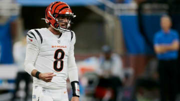 Cincinnati Bengals quarterback Brandon Allen (8) shouts back to the sideline before a play in the fourth quarter of the NFL Week 6 game between the Detroit Lions and the Cincinnati Bengals at Ford Field in Detroit on Sunday, Oct. 17, 2021. The Bengals held the lead the entire game and finished with a 34-11 win in Detroit.Cincinnati Bengals At Detroit Lions Week 6
