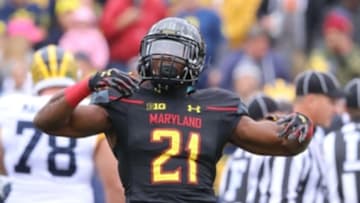 Oct 3, 2015; College Park, MD, USA; Maryland Terrapins defensive back Sean Davis (21) celebrates his first half fumble recovery against the Michigan Wolverines at Byrd Stadium. Mandatory Credit: Mitch Stringer-USA TODAY Sports