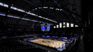 Mar 27, 2021; Indianapolis, IN, USA; Hinkle Fieldhouse is seen during halftime of a game between the Baylor Bears and the Villanova Wildcats during the Sweet 16 of the 2021 NCAA Tournament. Mandatory Credit: Aaron Doster-USA TODAY Sports