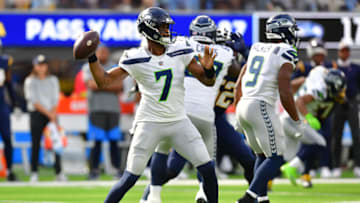 Oct 23, 2022; Inglewood, California, USA; Seattle Seahawks quarterback Geno Smith (7) throws against the Los Angeles Chargers during the first half at SoFi Stadium. Mandatory Credit: Gary A. Vasquez-USA TODAY Sports