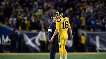 LOS ANGELES, CALIFORNIA - NOVEMBER 25: Head coach Sean McVay of the Los Angeles Rams talks to quarterback Jared Goff #16 during the game against the Baltimore Ravens at Los Angeles Memorial Coliseum on November 25, 2019 in Los Angeles, California. (Photo by Kevork Djansezian/Getty Images)