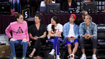 LAS VEGAS, NV - JULY 26: Breanna Stewart #30 and Sue Bird #10 of the Seattle Storm, Kristi Toliver #20 of the Washington Mystics, and Elena Delle Donne #11 of the Washington Mystics look on during the 2019 WNBA MTN Dew Three-Point Contest on July 26, 2019 at the Mandalay Bay Events Center in Las Vegas, Nevada. NOTE TO USER: User expressly acknowledges and agrees that, by downloading and or using this photograph, user is consenting to the terms and conditions of the Getty Images License Agreement. Mandatory Copyright Notice: Copyright 2019 NBAE (Photo by Cooper Neill/NBAE via Getty Images)